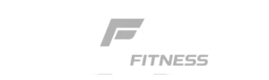 Logo with a stylized, angular 'F' icon and the word FITNESS in metallic gray.